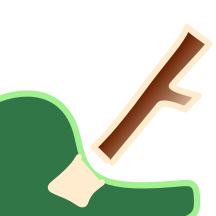 A green hill that settles out to flat has an off white square on it in line with a stick. The stick sits almost perpendicular to the hill on a diagonal and has a white arrow next to it indicating that the stick should go in the space created by the square. The image has light line art